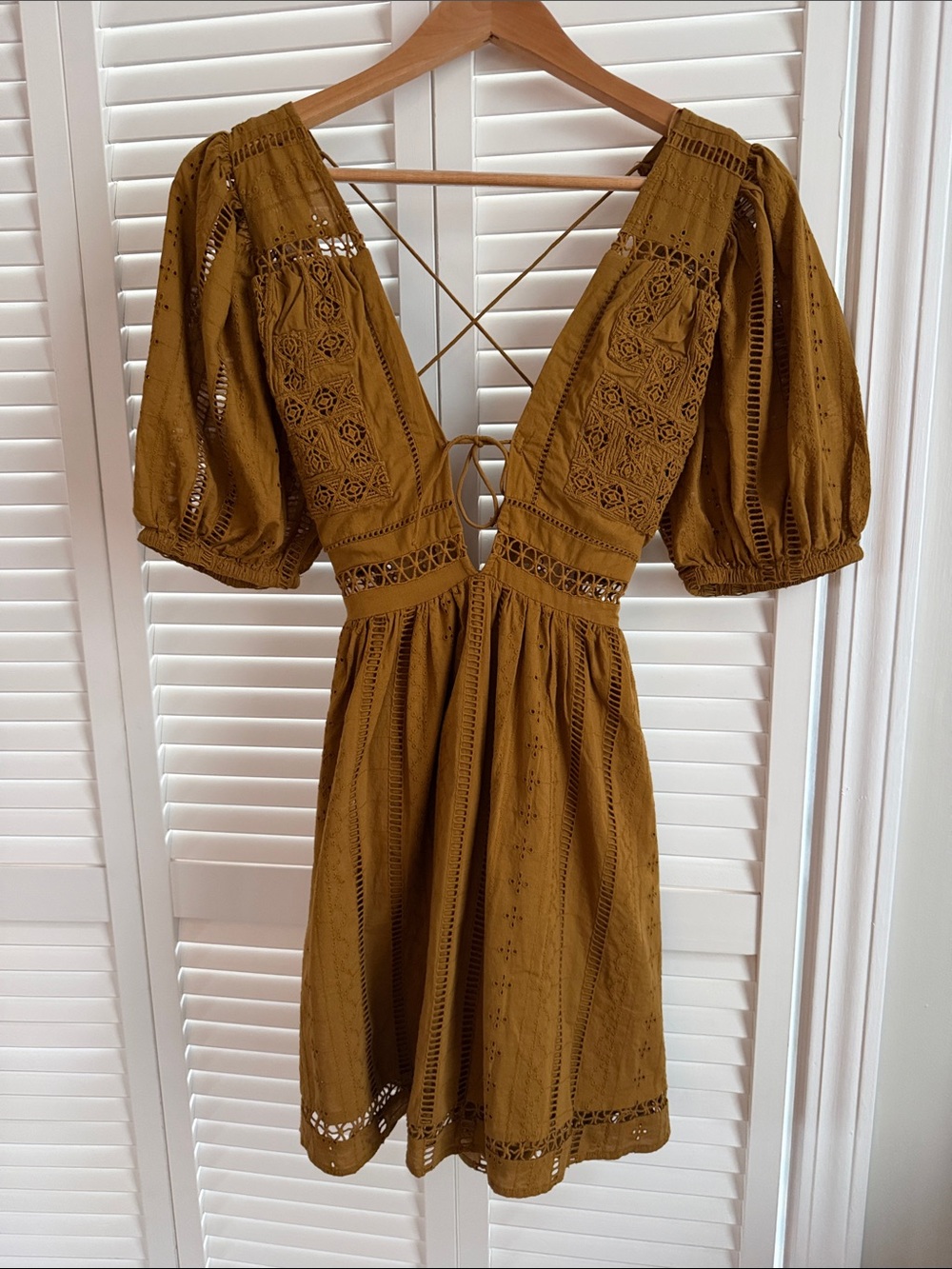 Urban Outfitters Mustard Eyelet Puff-Sleeve Mini Dress